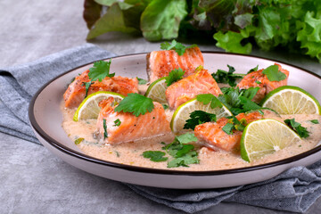 Fish curry with trout fillet pieces in sauce with coconut milk on plate.  Asian and Indian cuisine meal