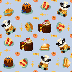 Vector seamless pattern with sweets, pastries and berries. Cakes and biscuits on coasters, cookies with crumbs, croissants, chocolate muffins hand drawn seamless background