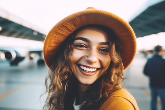 Portrait of a beautiful happy woman with hat at the airport