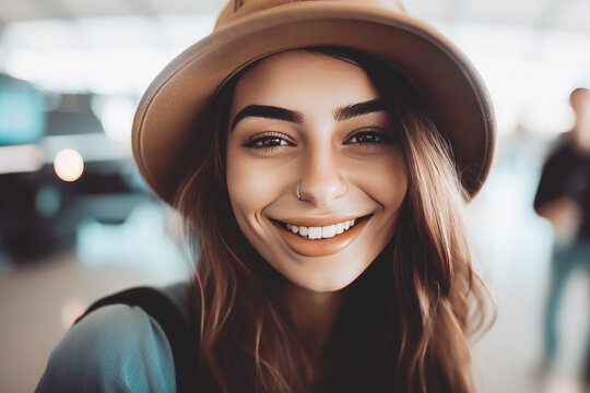 Portrait of a beautiful happy woman with hat at the airport
