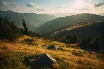 Beautiful scenery of mountains in the Carpathians. Generative AI - obrazy, fototapety, plakaty