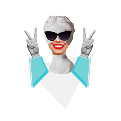 Antique female smiling statue in black sunglasses shows a peace gesture with her hands in sleeeves on white background. Trendy collage in magazine surreal style. 3d contemporary art. Modern design