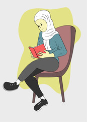 Cartoon muslim girl reading a book