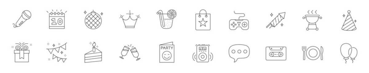 Set of icons for a party or celebration. Editable strokes. Vector.