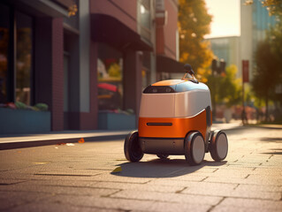 cute orange delivery robot rides the streets of the city at sunny day, Modern delivery concept-robots delivery, ai generative