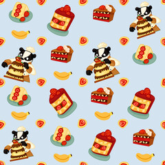Vector seamless pattern with sweets, pastries and berries. Cakes and biscuits on coasters, cookies with crumbs, croissants, chocolate muffins hand drawn seamless background