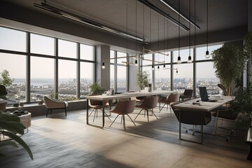 Contemporary shared office with cityscape view, exposed ceiling & furniture. CGI visual. Generative AI