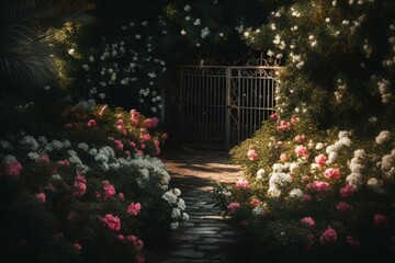 Fototapeta na wymiar A garden painting with a pink and white flower-filled gate, and a dark center. Generative AI