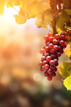 Red grapes and leaves in vineyard on the vine on sunny day with bokeh background.