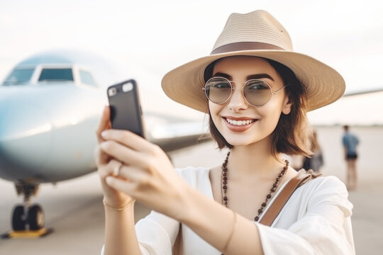Beautiful happy woman with hat taking a selfie at the airport in front of the plane, Generative ai 