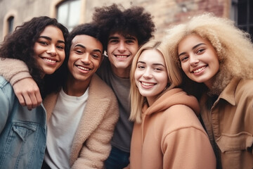Happy group of friends hugging together and smiling at camera