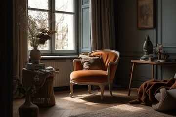Fototapeta na wymiar Cozy living room with armchair styled in Provence fashion. Generative AI