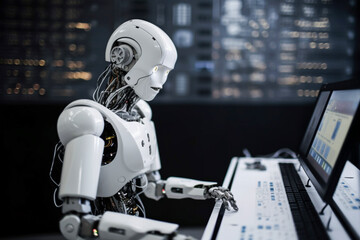 Naklejka premium Generative AI. the white robot looks away and works . new future technology, futuristic and technology concept.