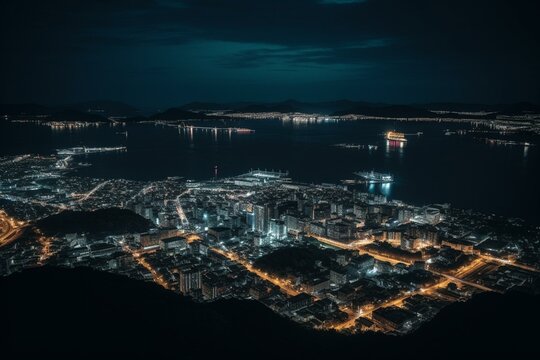 A stunning view of the cityscape of Hakodate at night. Generative AI