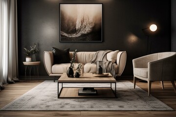 Living room with coffee table, beige armchair, mockup poster and modern decor. Generative AI