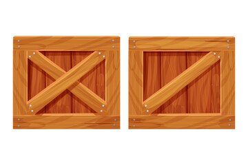 Set Wooden box, delivery container in cartoon style, game asset isolated on white background. Wood packing, open textured.