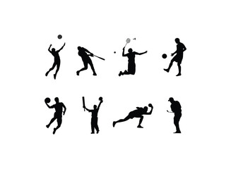 Fototapeta na wymiar Different sports silhouette vector collection. People play sport hockey baseball basketball soccer volley golf cricket badminton vector silhouette set. Set of silhouettes different sports players.