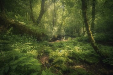 Tranquil woodland of lush greenery. Generative AI