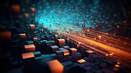 Obraz premium Modern digital abstract 3D background. Can be used in the description of network abilities, technological processes, digital storages, science, education, etc. Copy space. Based on Generative AI