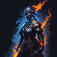 Naklejka premium Japanese ninja samurai woman cartoon anime game movie character vibrant colors comic book print