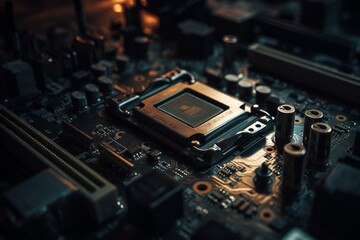 Fototapeta na wymiar A close-up of the CPU on the motherboard. Generative AI