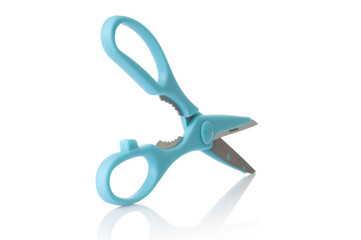 Blue scissors close up isolated on a white background