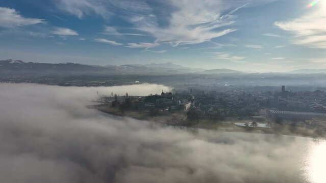 Aerial view of Arbon, a town along Lake Constance, Switzerland view at sunset