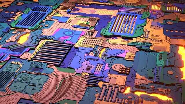 3d-render, 3d-illustration of Sci Fi abstract colorful panel. Low poly modeling for design. Multi color background.  Printed circuit board with processor.