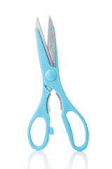 Blue scissors close up isolated on a white background