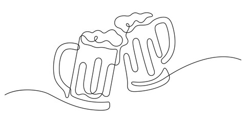 beer mug with froth clinking one line drawing vector illustration - obrazy, fototapety, plakaty