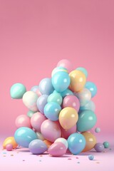 Fototapeta na wymiar Bunch of pastel blue, pink, purple balloons on pastel background. Celebration concept. Generative AI.