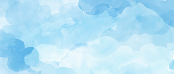 Blue, turquoise, white abstract watercolor background, form, design element. Colorful hand painted texture, wash. Clouds, sky, water art.