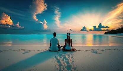 Fototapeta premium romantic couple in beautiful beach sunset by ai generative