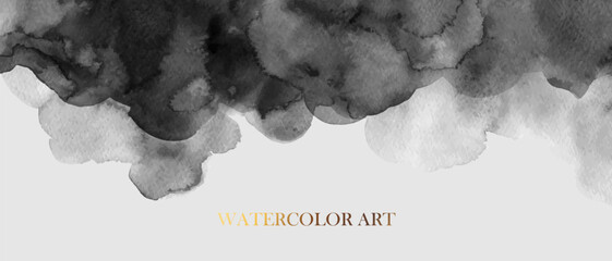 Grey, black watercolor blot, wash texture. Abstract smoke, flow, clouds.