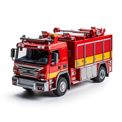 A child's toy fire truck is isolated on a white background. This toy has good detail to every part of the fire truck and of the type that has a water tank in it. Has a red base color.