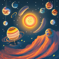 Colorful space, planet and stars illustration kid's book