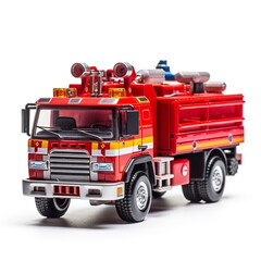 A child's toy fire truck is isolated on a white background. This toy has good detail to every part of the fire truck and of the type that has a water tank in it. Has a red base color.