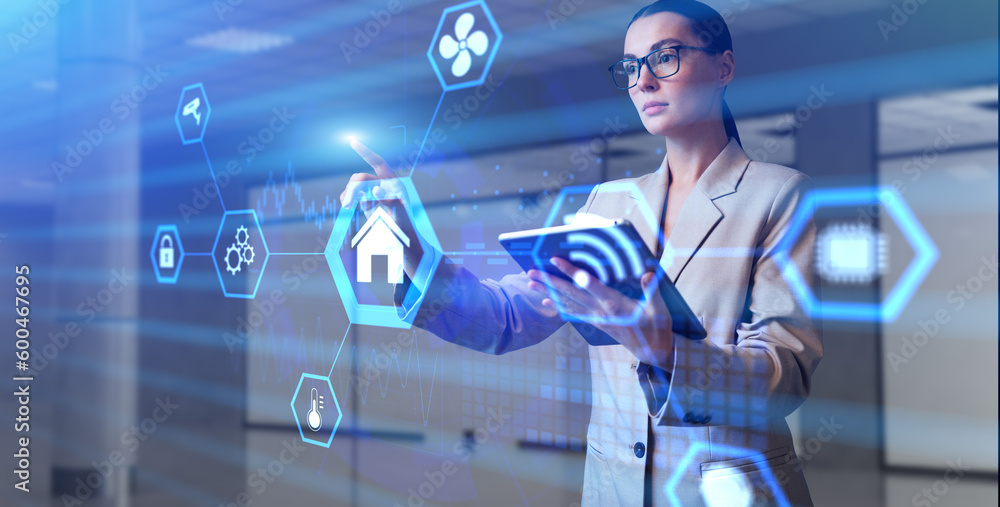 Poster smart home wireless control system iot. woman using augmented reality virtual screen.
