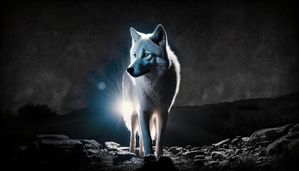 White wolf a dark moon behind and rays