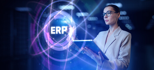 ERP Enterprise resources planning. Woman pressing button on virtual screen.