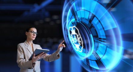 AI Artificial intelligence neural network deep machine learning concept. Young business woman pressing button on virtual screen.