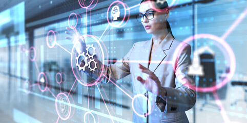 Gears icons as automation rpa concept. Woman using augmented reality virtual screen.