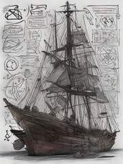 Old ship hand drawn sketch 
