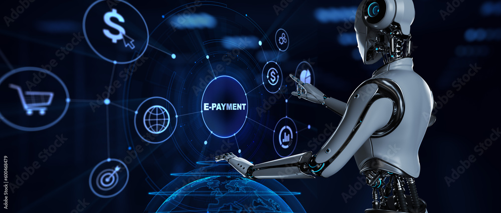 Poster e-payment digital money internet banking. robot pressing button on screen 3d render.