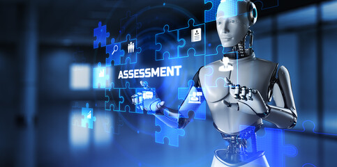 Assessment automation business and technology concept. 3d render robot pressing virtual button.