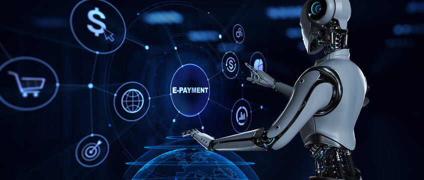 E-payment digital money internet banking. Robot pressing button on screen 3d render.