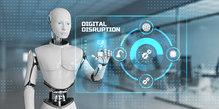 Digital disruption transformation disruptive innovation concept. Robot pressing button on screen 3d render.