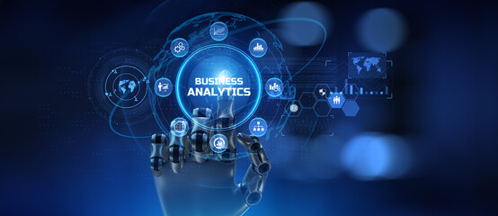 Business analytics BI Intelligence concept. Robotic hand pressing button 3d render.