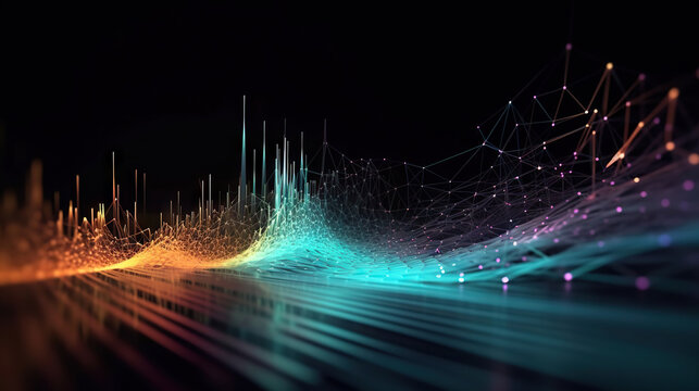 Modern digital abstract 3D background. Can be used in the description of network abilities, technological processes, digital storages, science, education, etc. Copy space. Based on Generative AI