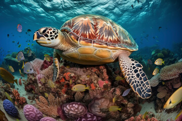 Obraz premium Hawaiianische Schildkröte (Chelonia mydas) auf einem farbenprächtigen tropischen Korallenriff